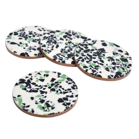 Modern Green Wood And Resin Terrazzo Round CoastersÂ In Set Of 4